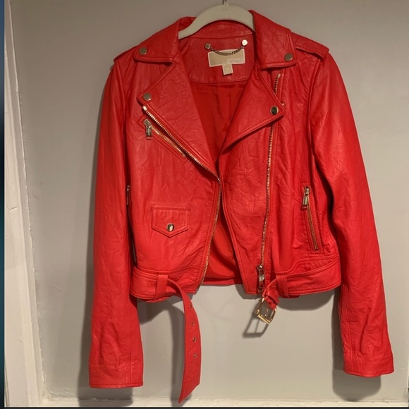Like new Michael Kors red leather moto jacket - Picture 3 of 12